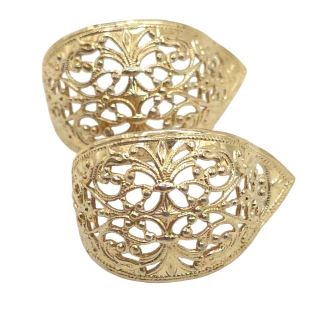 Vintage Gold-Tone Filigree Earrings Pierced Half-Moon Floral Design